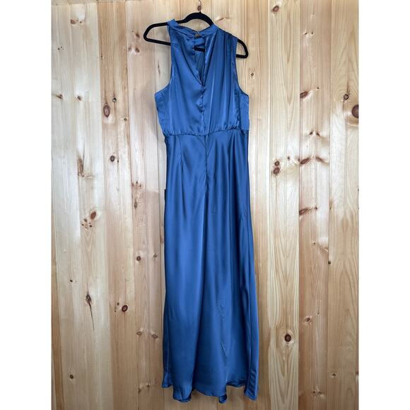 NWT Lulus Distinctive Charm Slate Blue Satin Asymmetrical Maxi Dress Wedding 1X - Picture 5 of 8